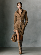 Women's Fashion Suede Single Breasted Lapel Long Sleeve Midi Dress MDA1867H7Y