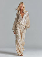 Women's Gold Glamorous Sequin Collared Half - Zip Wide - Leg Loungewear Party Set MDA2425I0I
