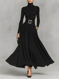 Women's Black Knit Elegant High Neck Button Detail Maxi Dress MDA1183K0I