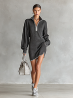 Women's Fashion Loose Knit White Trim Zipper Polo Neck Mini Dress MDA0774H6Y