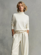 Women's Cream Soft Knit Chic Turtleneck Top & Flowy Wide-Leg Pant Set MDA0185K5I