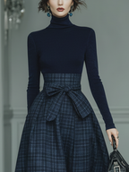 Women's Dark Blue High Elastic Knit And Plaid Wool Skirt Set MDA2592J7T