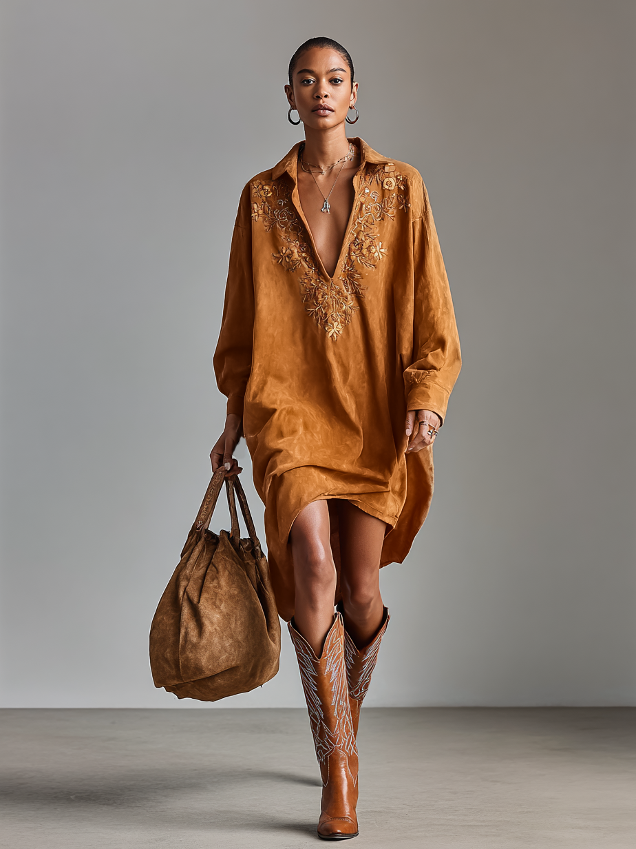 Women's Suede Loose Lapel V-neck Embroidered Long-sleeved Midi Dress MDA1489H9Y