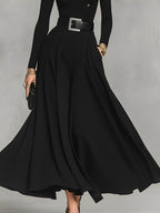 Women's Black Knit Elegant High Neck Button Detail Maxi Dress MDA1183K0I