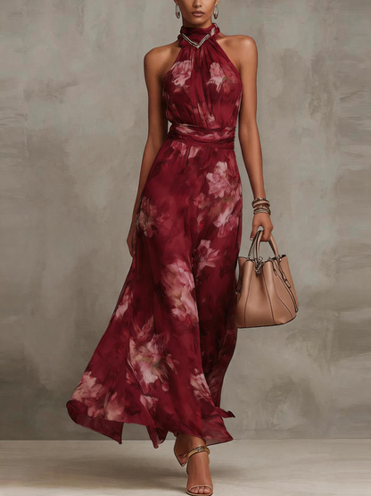 Floral Chiffon Halter Maxi Dress