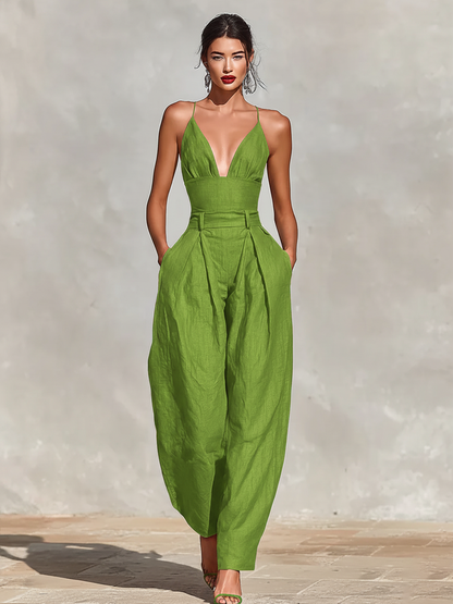 Women's Red Linen Jumpsuit With Spaghetti Straps & High-Waisted Pleated Pants, Timeless Romantic-Elegant Style Jumpsuit MDZ1915C8I